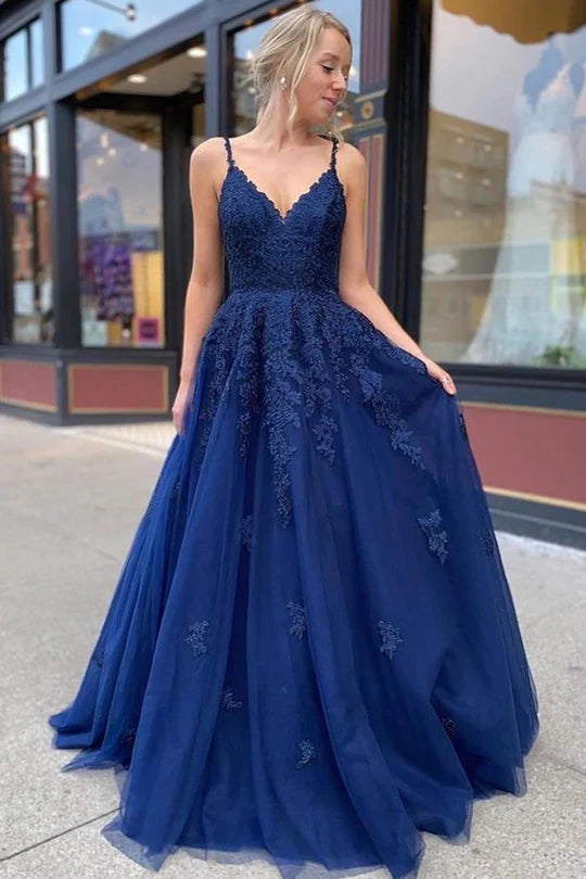 Overstock stylish dressChic Tulle A-Line V-Neck Spaghetti Straps Appliques Prom Dress