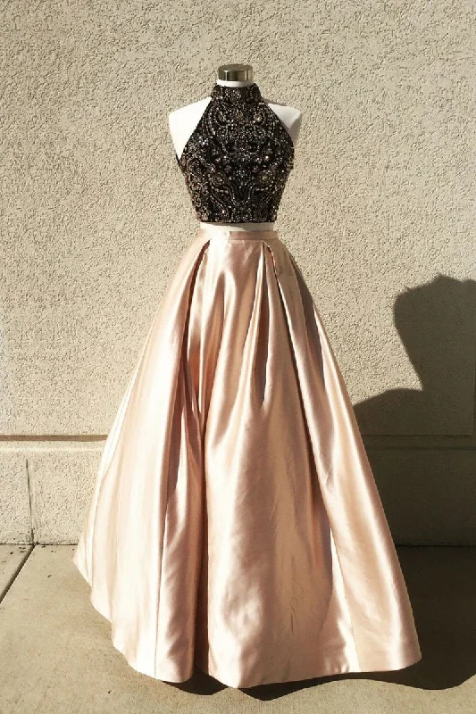 Extra Savings Champagne Two Piece Beads Long Prom Dress Formal Evening Gown JKP406