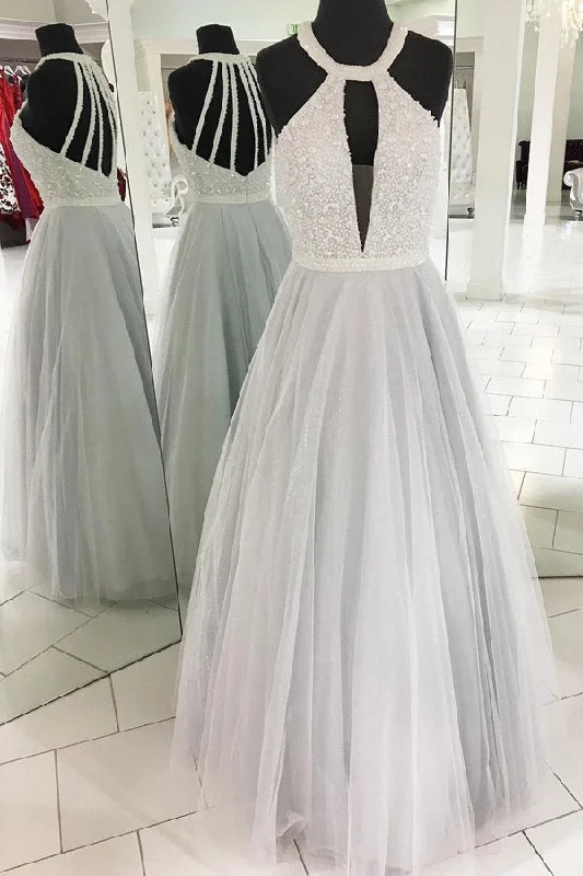 Price Drop Gray A Line Floor Length Halter Sleeveless Beading Prom Dresses