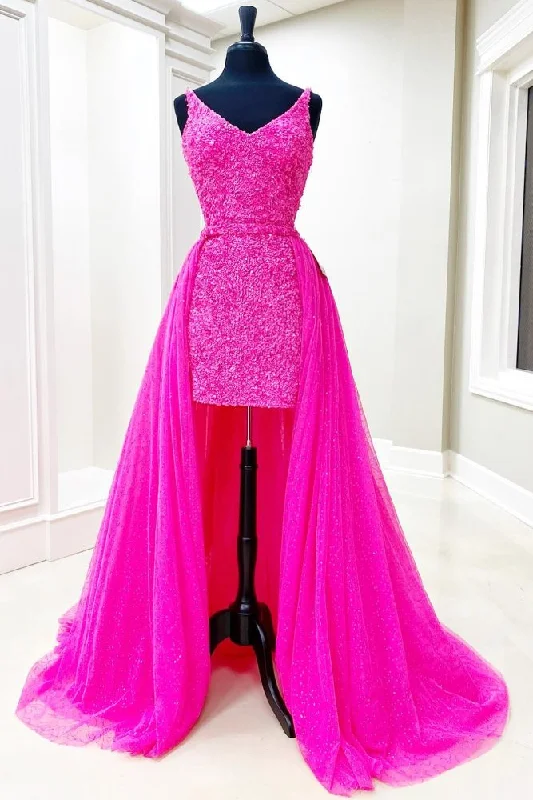 Extra Savings lace dressHot Pink Sequin Tight Prom Dress with Detachable Train