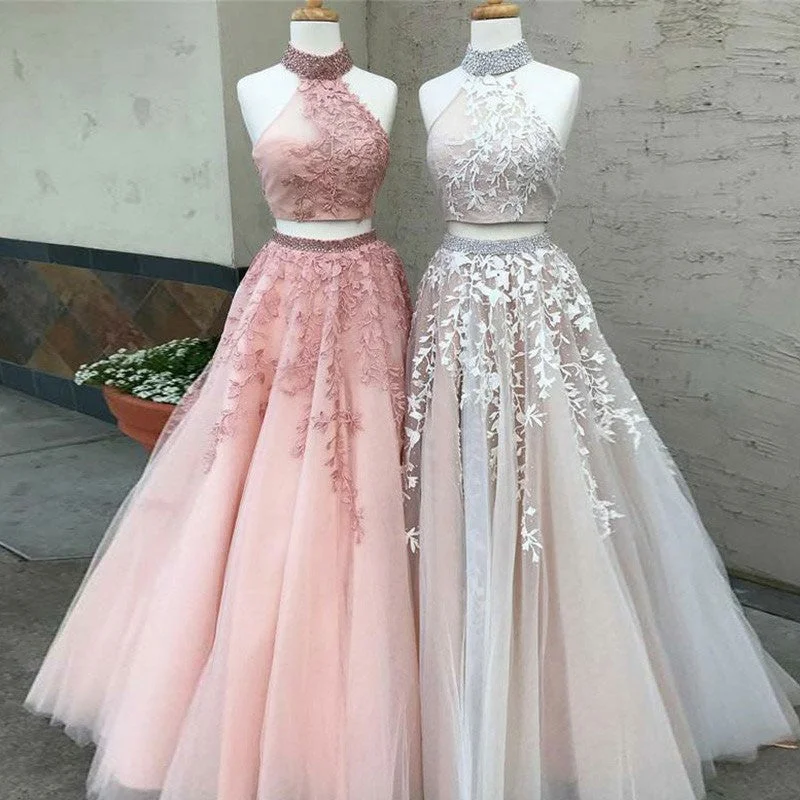 Weekend Deal High Neck Lace Appliques Modest Tulle Two Piece Prom Dress,JKZ7114