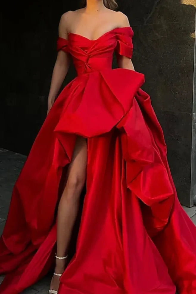 Flash Deals ruched dressOff-Shoulder A-Line Empire With Side Slit Empire Prom Dress