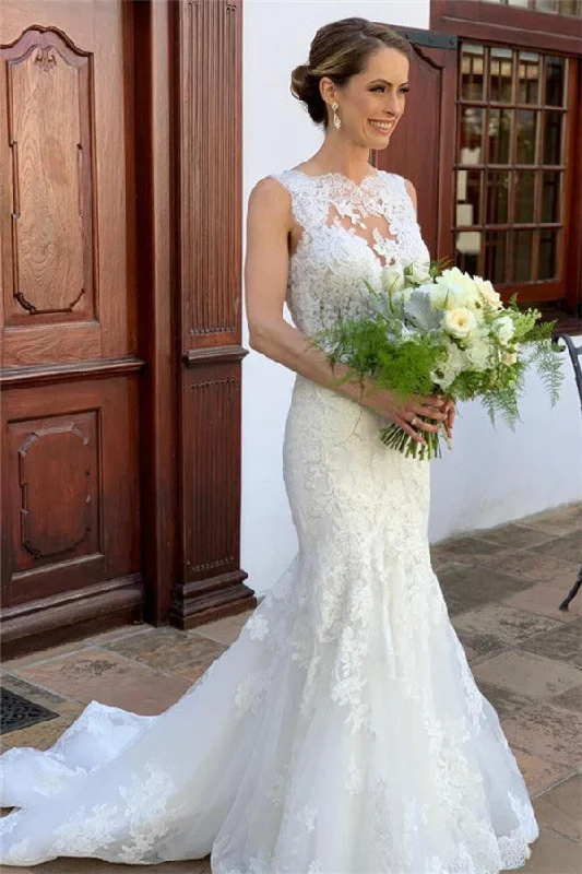 Huge Discounts Classic Sleeveless Strap Lace Appliques Mermaid Bridal Wedding Dresses