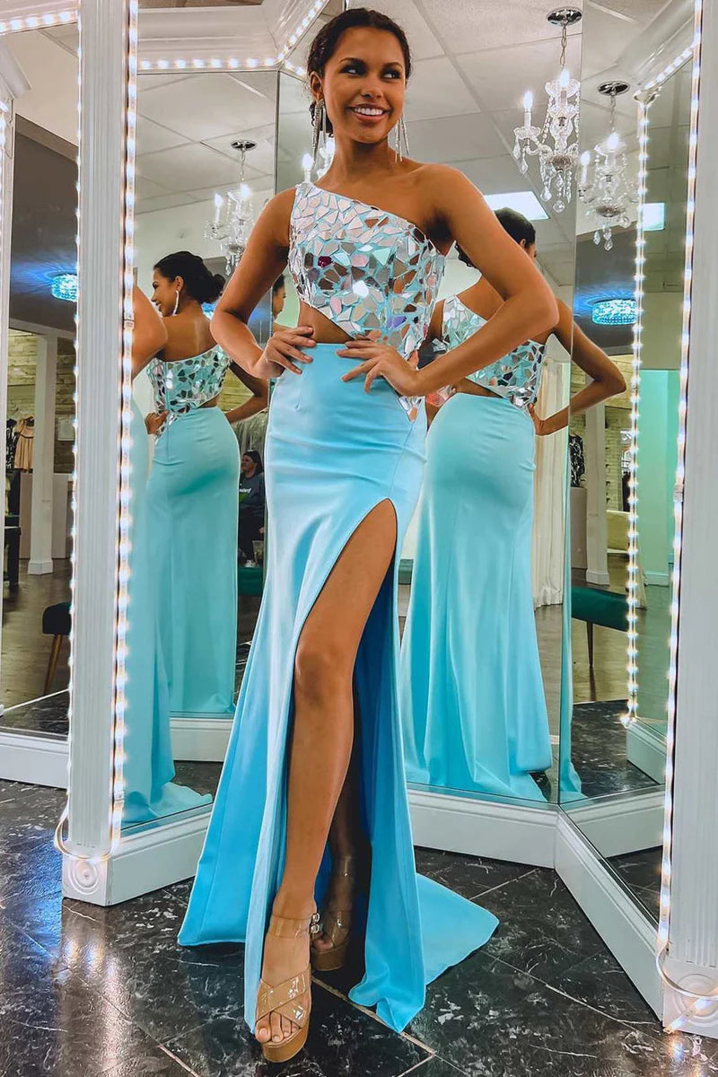 Online Specials v-neck dressOne Shoulder Satin Fitted Beaded With Train Prom Dress