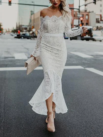 Savings Spectacular Long Sleeve Prom Dresses Mermaid Ankle-length Lace High Low Prom Dress JKL1485