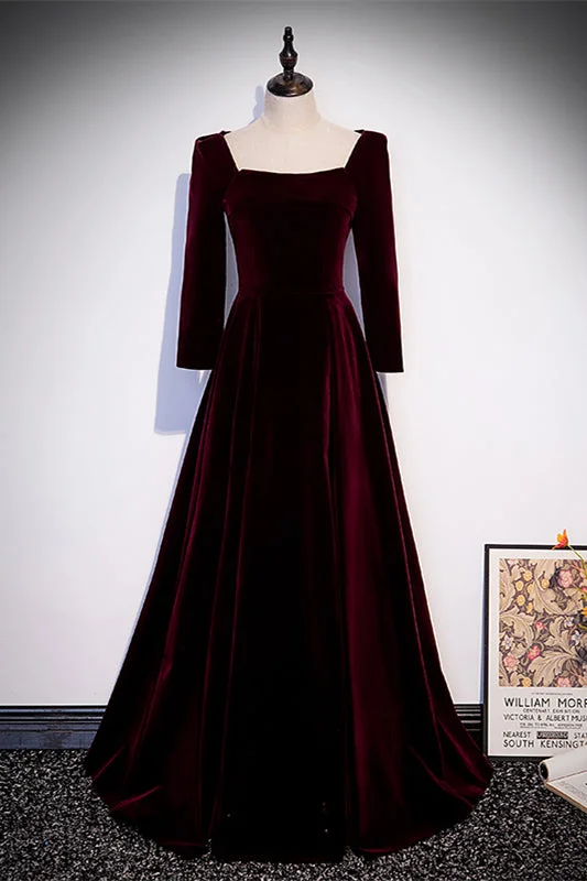 Must-Have Deals sleek midi dressBurgundy Square Neck Long Sleeves Velvet Long Formal Dress