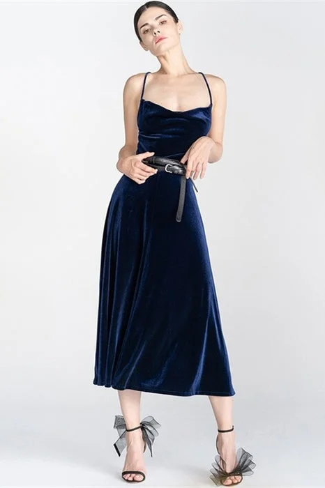 Doorbuster Deal structured dressNavy Blue Velvet Midi Dress