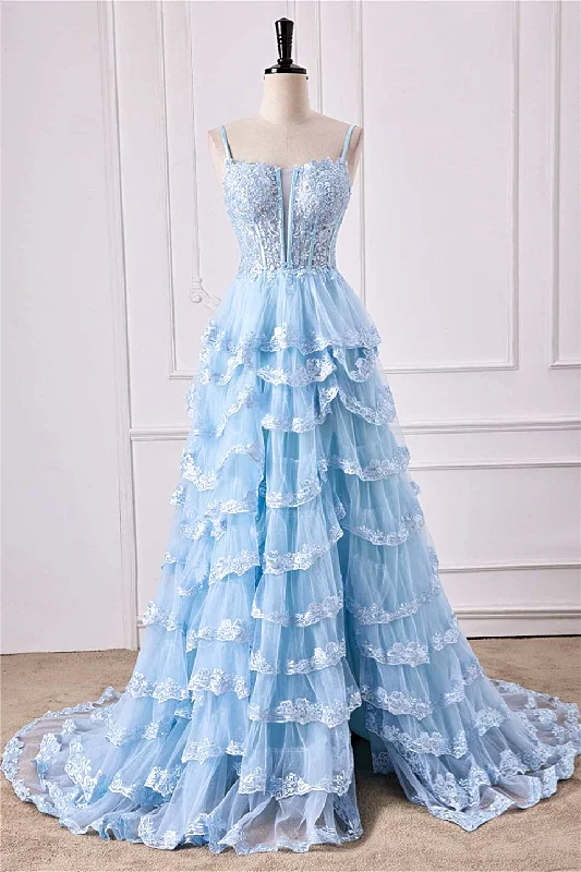 Deal Dash off-shoulder dressLight Blue Floral Layers Spaghetti Straps Long Prom Dress with Slit