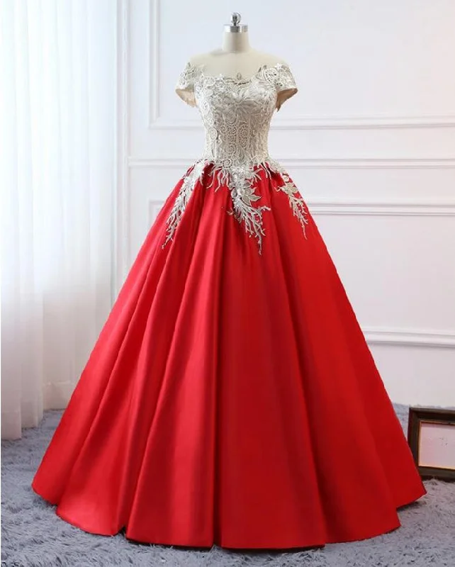 Today’s Special Modest Red Cap Sleeves Ball Gowns Lace Satin Prom Dresses Evening Dresses