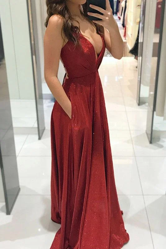Special Discount Sexy Shiny Criss Cross Back Deep V Neck A Line Long Prom Dress GJS205