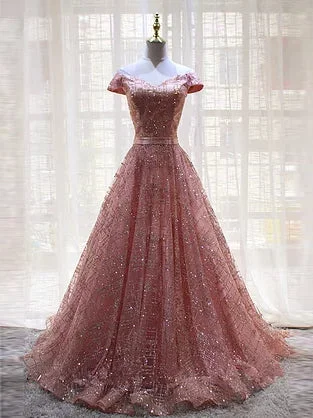 Must-Have Deals Chic Prom Dresses V-neck A-line Long Lace Floor-length Sparkly Pink Prom Dress JKL1510