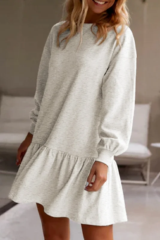 Referral Discount White Solid Color Puff Sleeve Ruffle Hem Mini Dress