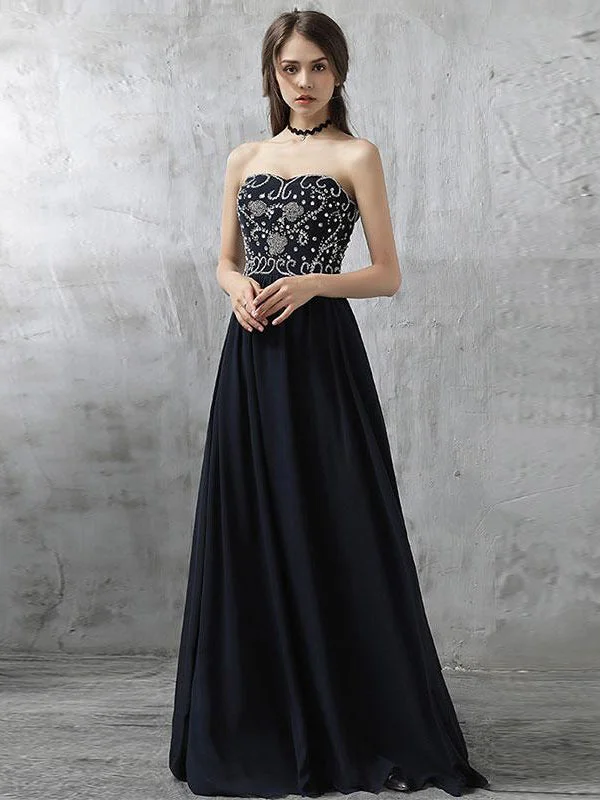 Online Specials Simple Prom Dresses Sweetheart Floor-length Dark Navy Chiffon Sexy Prom Dress JKL575