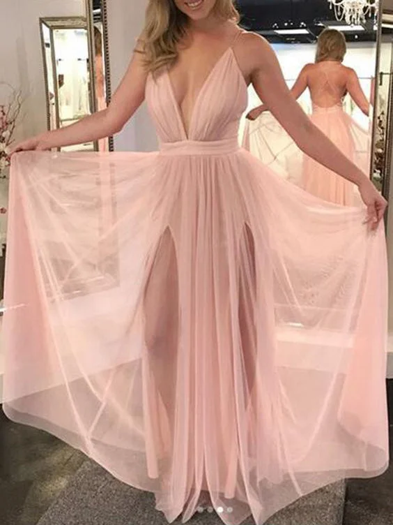 Online Only Open Back Prom Dresses with Spaghetti Straps Long Simple Double Slit Sexy Prom Dress JKL1583