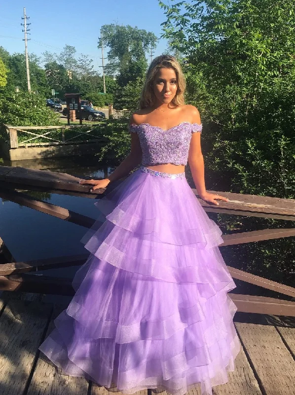 Members Only Off-the-Shoulder Lace Appliques Lavender Tulle Two Piece Prom DRESS,JKZ7110