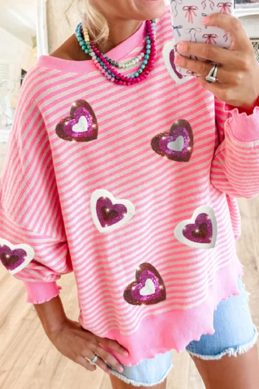 Hot Deal pullover hoodiecasual workout hoodieValentine’s Day Sequin Heart Striped Round Neck Long Sleeve Sweatshirt