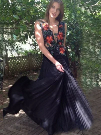 Bonus Savings Chic Prom Dresses V Neck Aline Floor-length Appliques Ruffles Sexy Long Prom Dress JKL1629