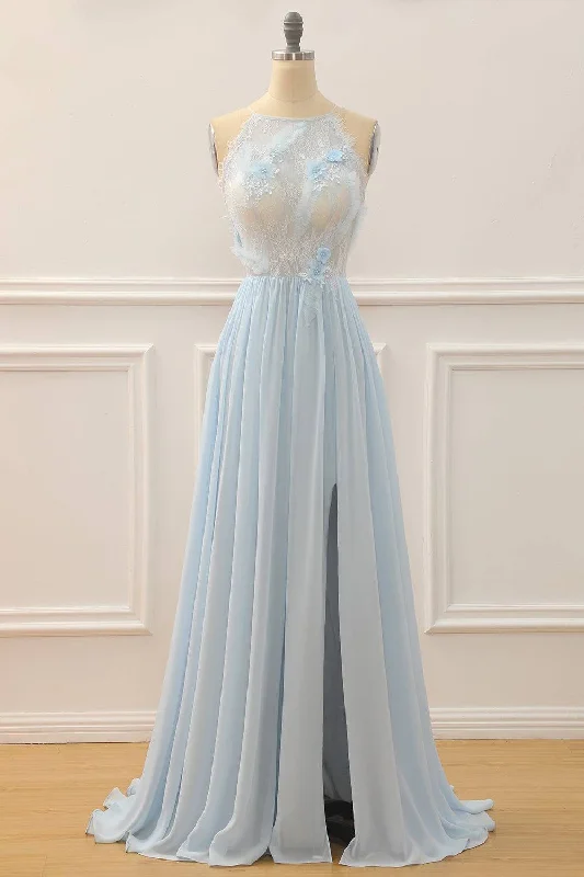 Warehouse Sale cocktail dressSky Blue A-line Bateau Tulle 3D Applique Long Prom Dress