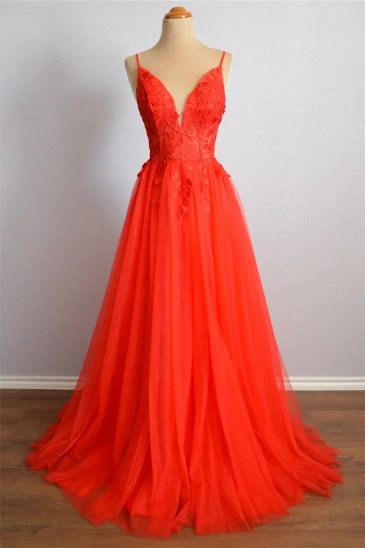 Today's Special trendy wrap dressReddish-Orange A-line Spaghetti Straps Lace Backless Long Prom Dress