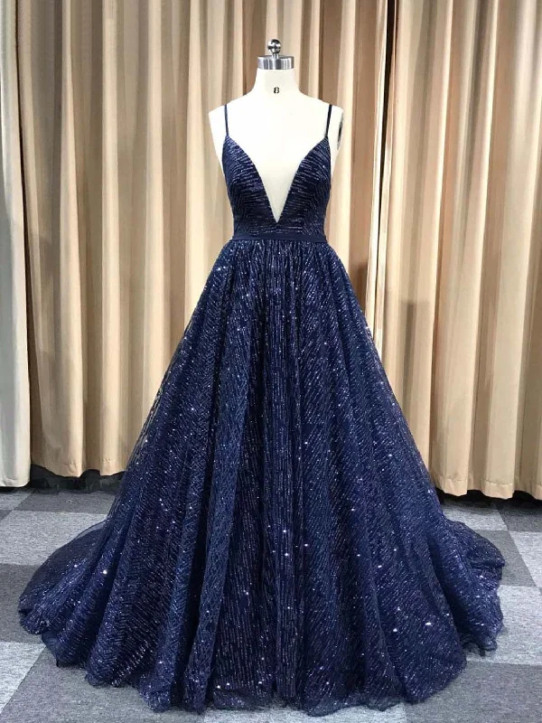 Big Savings Sparkly Prom Dresses with Spaghetti Straps Aline Long Dark Navy Gorgeous Prom Dress JKL1616
