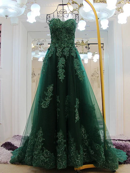 Deep Discounts Luxury Prom Dresses A-line Sweetheart Sequins Hunter Green Long Prom Dress JKL468
