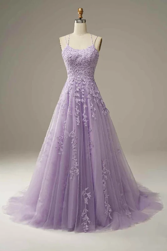 Hurry In party dressLilac A-line Tulle Lace-up Back 3D Applique Long Prom Dress