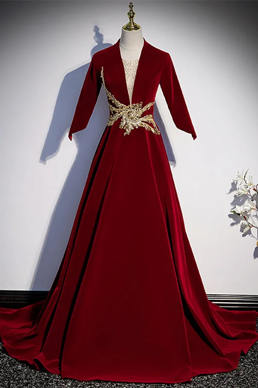 Exclusive Savings chic dressV Neck Long Sleeves Lace-Up Velvet Long Formal Dress with Gold Adornment
