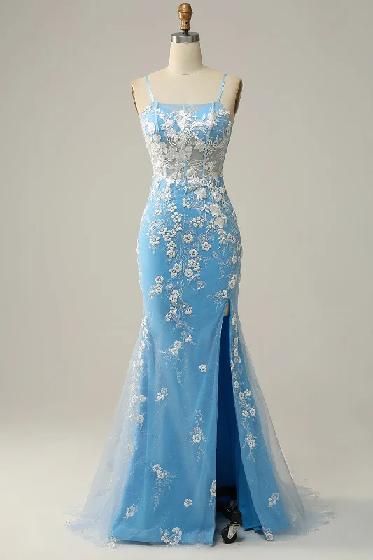 The Best Prices vintage dressSky Blue Straps Mermaid Appliques Cut-Out Long Prom Dress with Slit