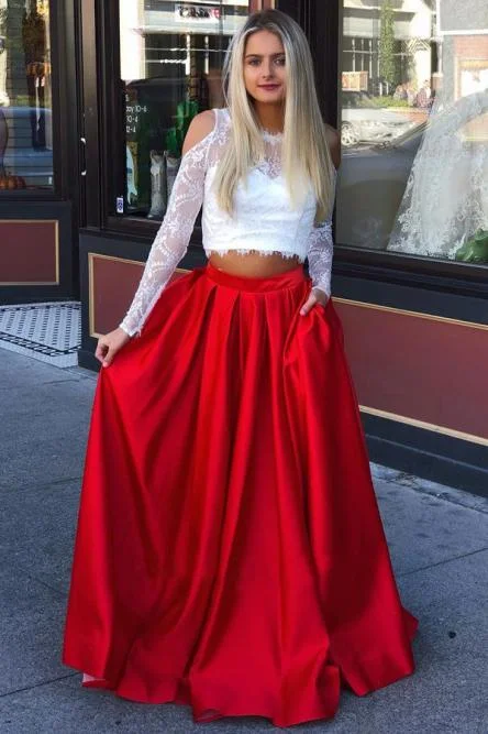 Discount Deals Two Piece Crew Long Sleeves Cold Shoulder Red Long Prom Dress with Lace Pockets LPD93