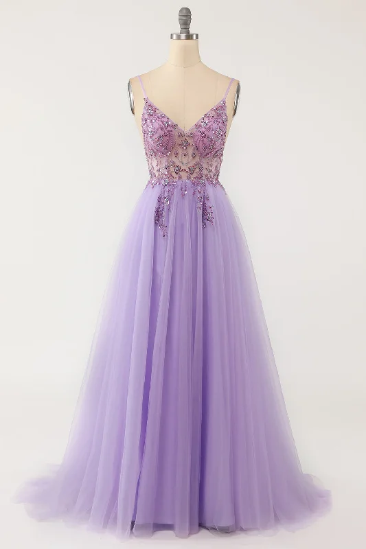 Special Promotion chic dressLilac A-line V Neckline Beading Sheer Tulle Long Prom Dress