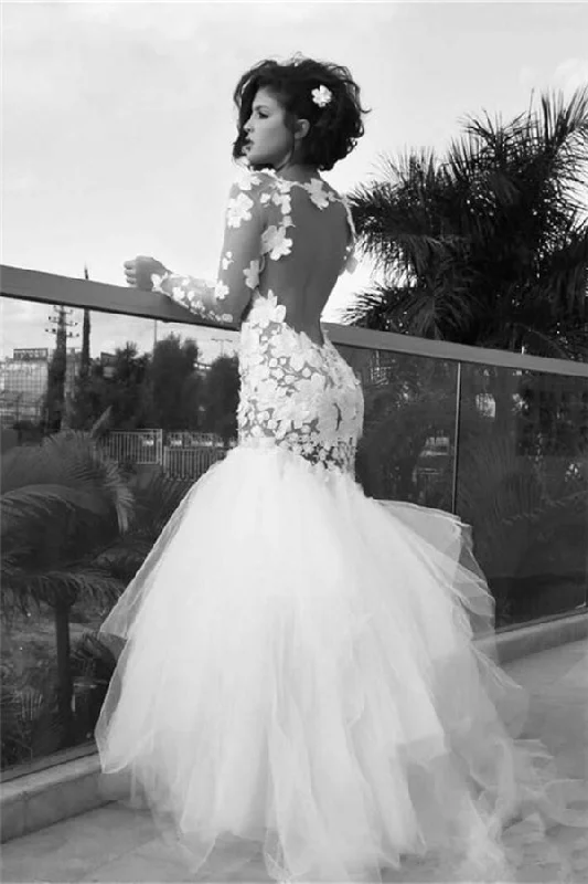 Big Discounts White Modern Mermaid Tulle Long Bridal Gown Long Sleeves Backless Floor Length Wedding Dress
