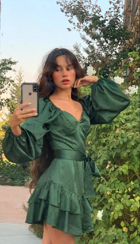 Quick Sale playful dressGreen A-line Long Sleeves Homecoming Dress,Green Casual Dress Y4070