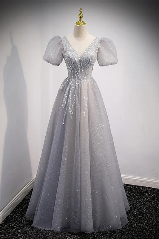 Overstock Sale one-shoulder dressGrey V Neck Puff Sleeves Sequins-Embroidered Long Formal Dress