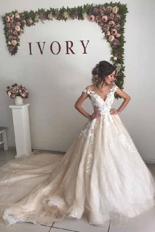 New Deals Ivory V neck off the shoulder Princess Ball Gown Wedding Dress