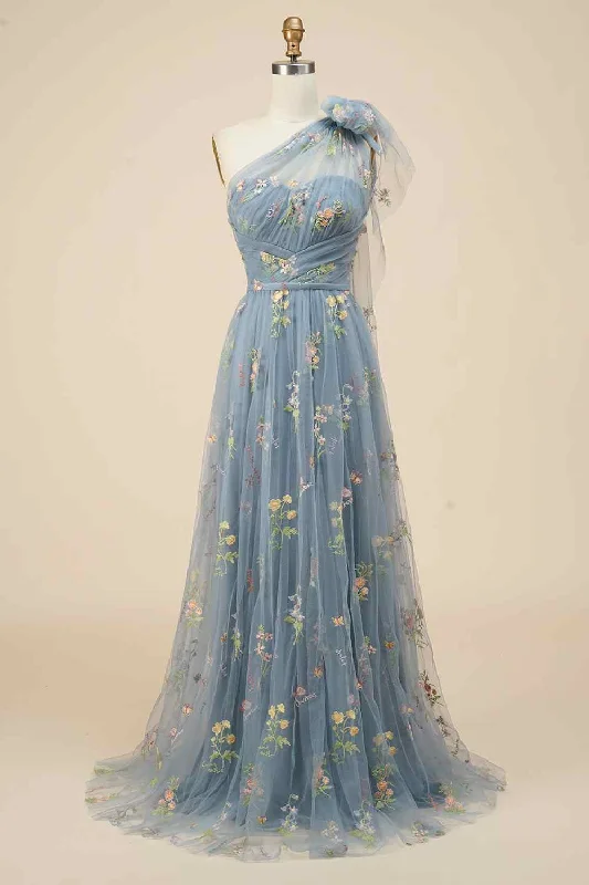Savings Spectacular cocktail party dressMisty A-line Tied Straps Pleated Tulle Applique Long Prom Dress
