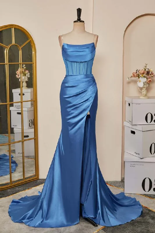 New Deals comfy maxi dressBlue Strapless Mermaid Boned Satin Long Prom Dress with Slit