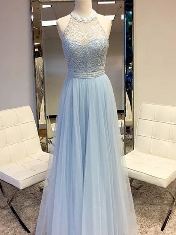 Early Access Sexy Prom Dresses Halter A-line Light Sky Blue Tulle Prom Dress/Evening Dress JKL445