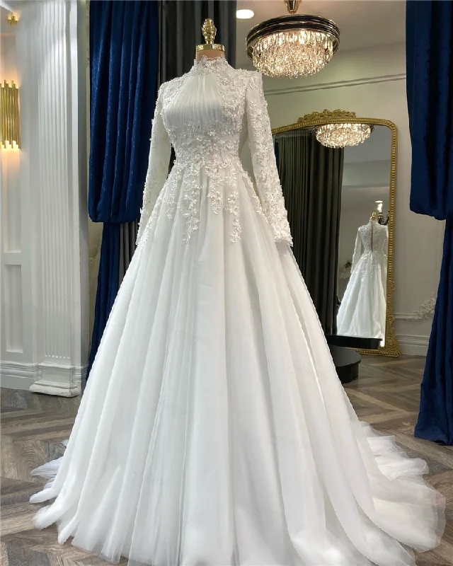 Stock Up and Save evening dressElegant Muslim Wedding Dress For Bride Appliques Flowers Arabic Dubai Long Sleeves Bridal Dress Y4444