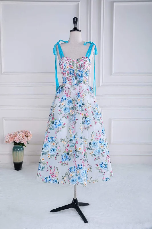 Deal of the Day flowy dressBlue and White Bow Tie Straps Floral Tea-Length Prom Dress
