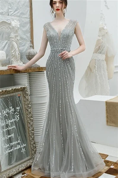 Savings Galore ruched dressMermaid Beaded Grey Long Evening Dress