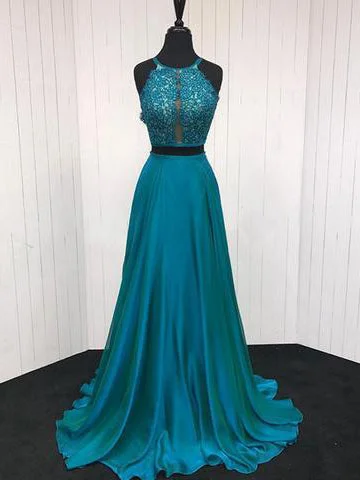 Anniversary Sale Two Piece Prom Dresses A-line Halter Appliques Long Simple Cheap Prom Dress JKL1599