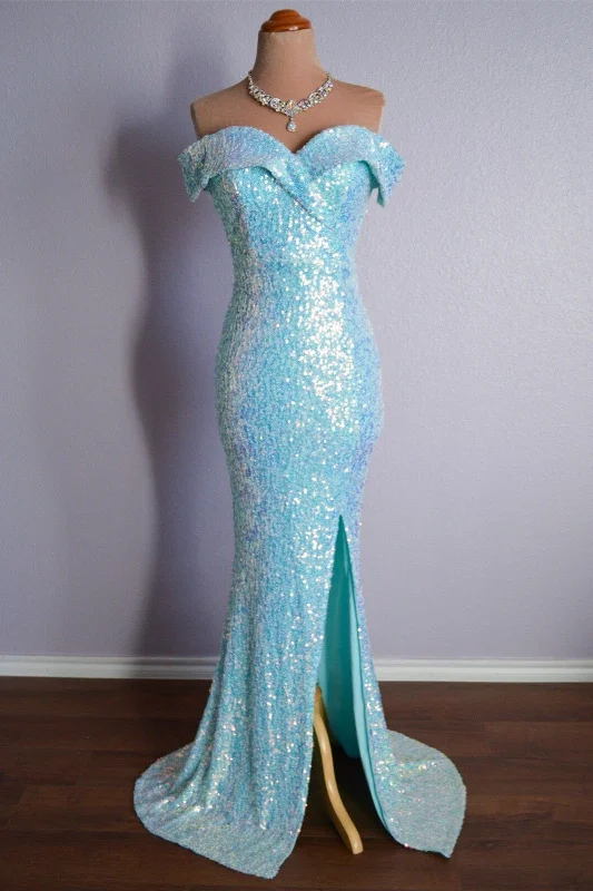 Final Clearance statement dressSky Blue Mermaid Portrait Sparkly Long Formal Dress