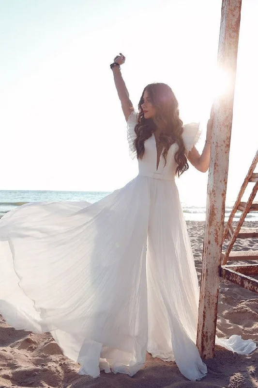 YEAR-End Sale White Chiffon Ruffless Sleeves V neck Summer Beach Wedding Dress