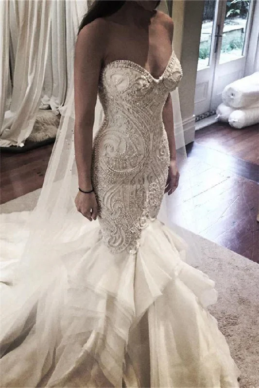 Daily Deals Delicate Mermaid Lace Rufflesd Wedding Dress Spaghetti Strap Bridal Gown