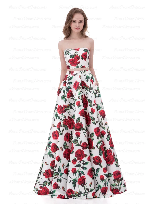 Quick Sale Two Piece Prom Dresses A-line Floor-length Floral Print Sexy Prom Dress Satin AX003