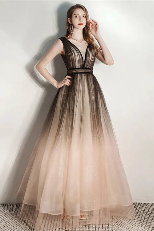 Closeout fitted dressBlack and Champagne Ombre Long Evening Dress