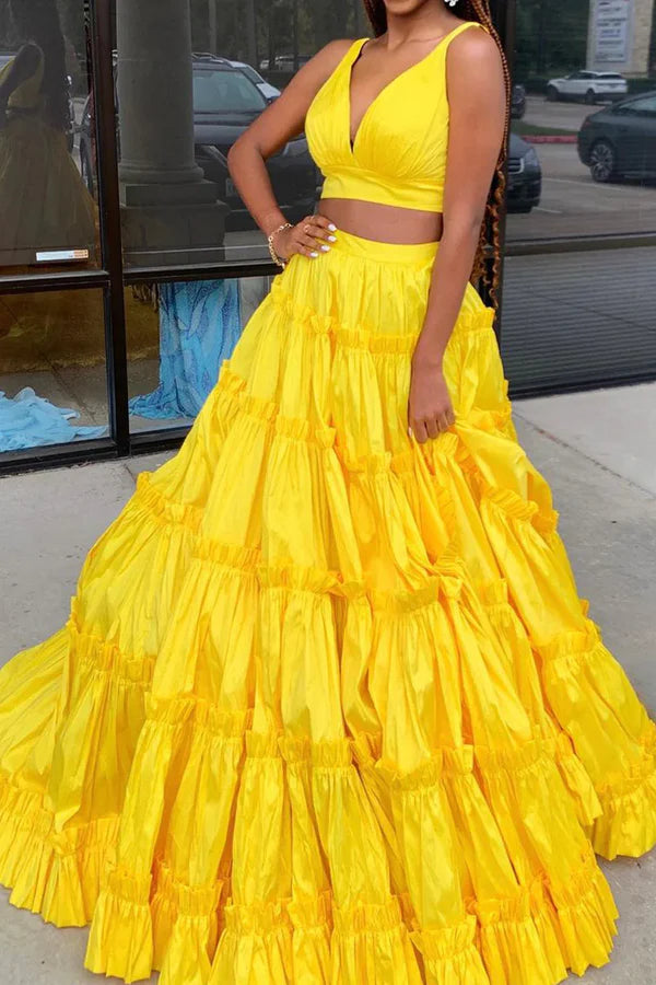 Stock Clearance evening dressV-Neck Sleeveless Two Piece Long Party Formal Dress