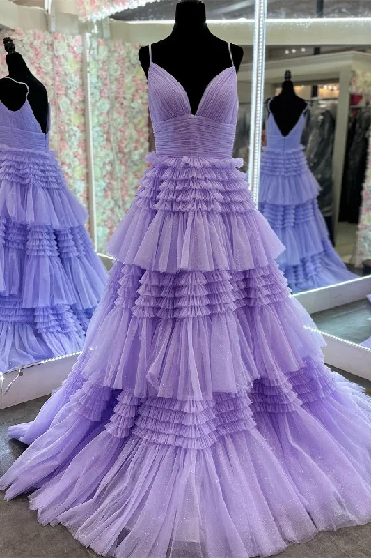Price Reduction off-shoulder dressLavender Layers Straps Deep V Neck A-line Long Prom Dress