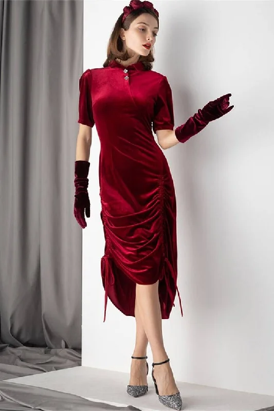 Price Smash elegant shift dressBurgundy Velvet Tight Midi Dress