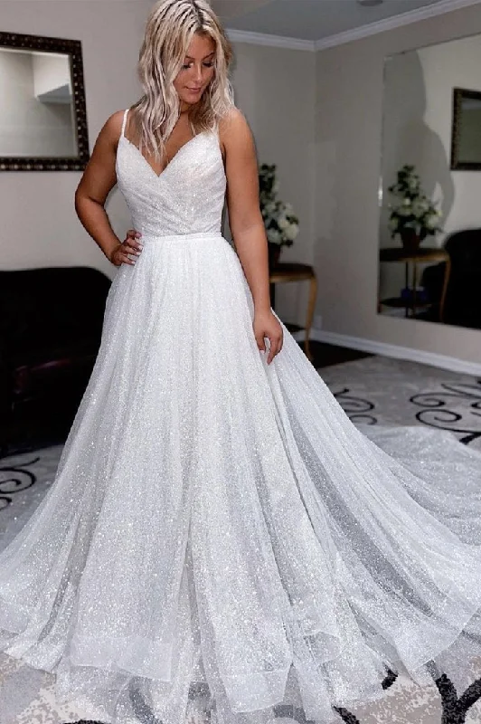 Low Prices White Tulle Sequins V Neck Long Prom Gown Evening  Dress GJS209
